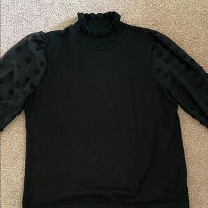 Adrianna Papell Black Ruffled Mock Neck Sweater With Sheer Sleeves